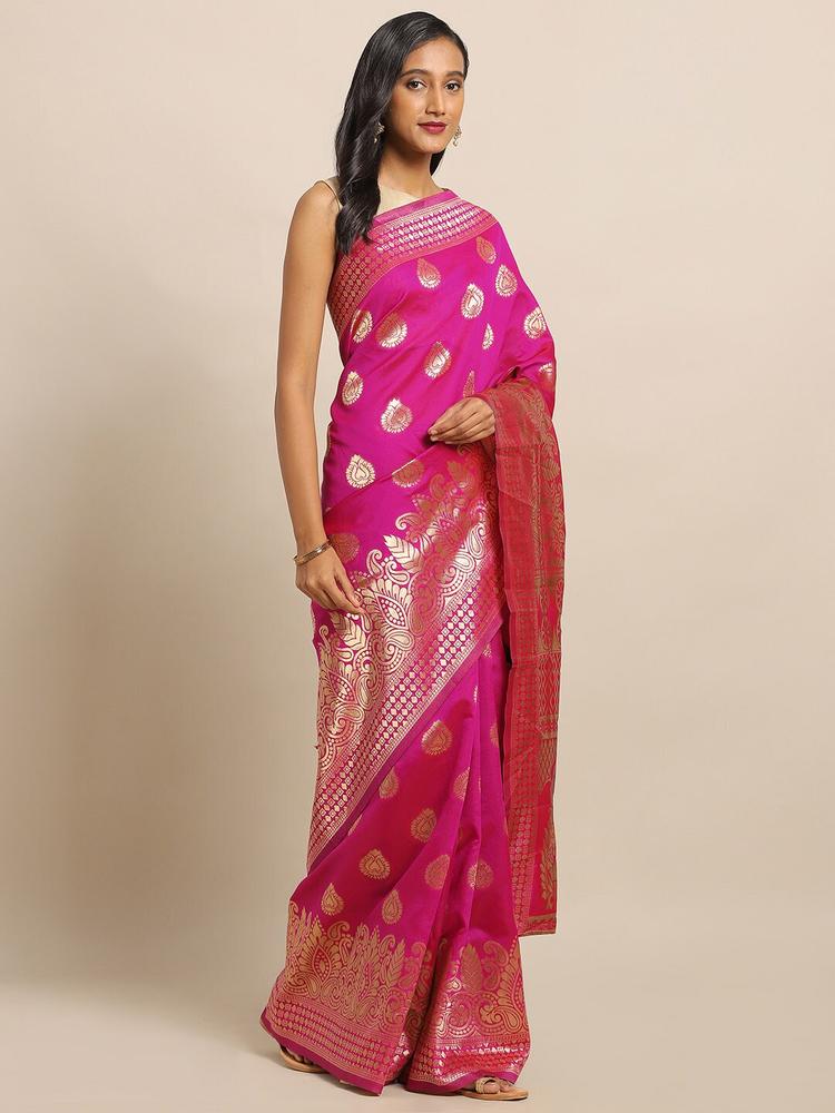 flaher Pink & Gold-Toned Brocade Woven Design Banarasi Saree