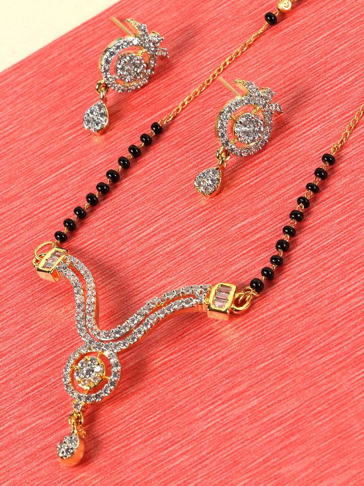 JEWELS GEHNA Black Gold-Plated AD Studded & Beaded Mangalsutra & Earrings Set