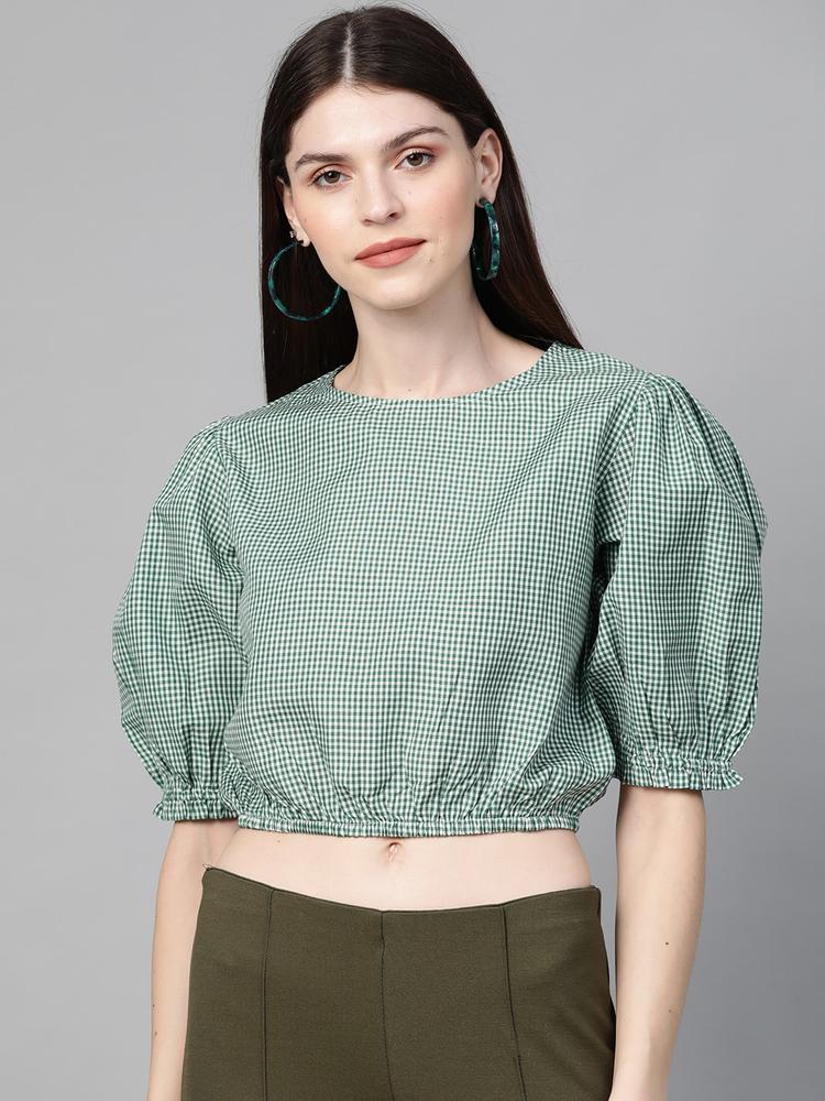 Orchid Blues Women Green & Off-White Checked Cropped Blouson Top
