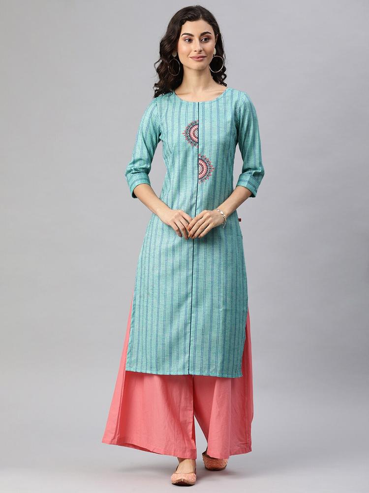 Alena Women Turquoise Blue Striped Straight Kurta with Embroidery