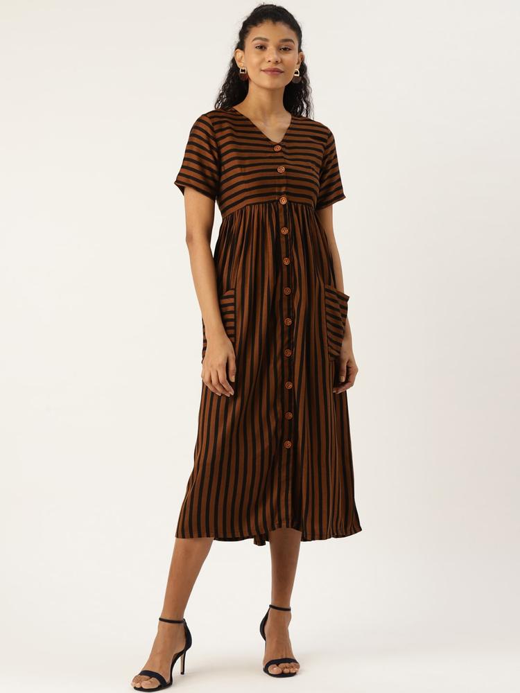 Cottinfab Women Brown & Black Striped A-Line Dress