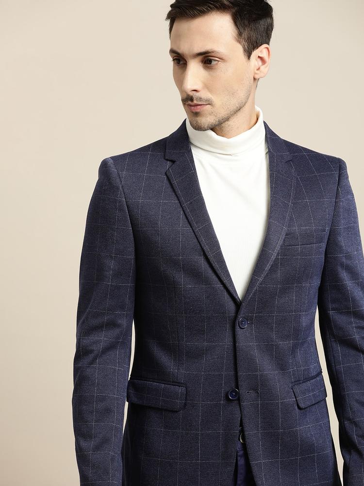 INVICTUS Men Navy Blue & White Self-Checked Single-Breasted Slim Fit Smart Casual Blazer
