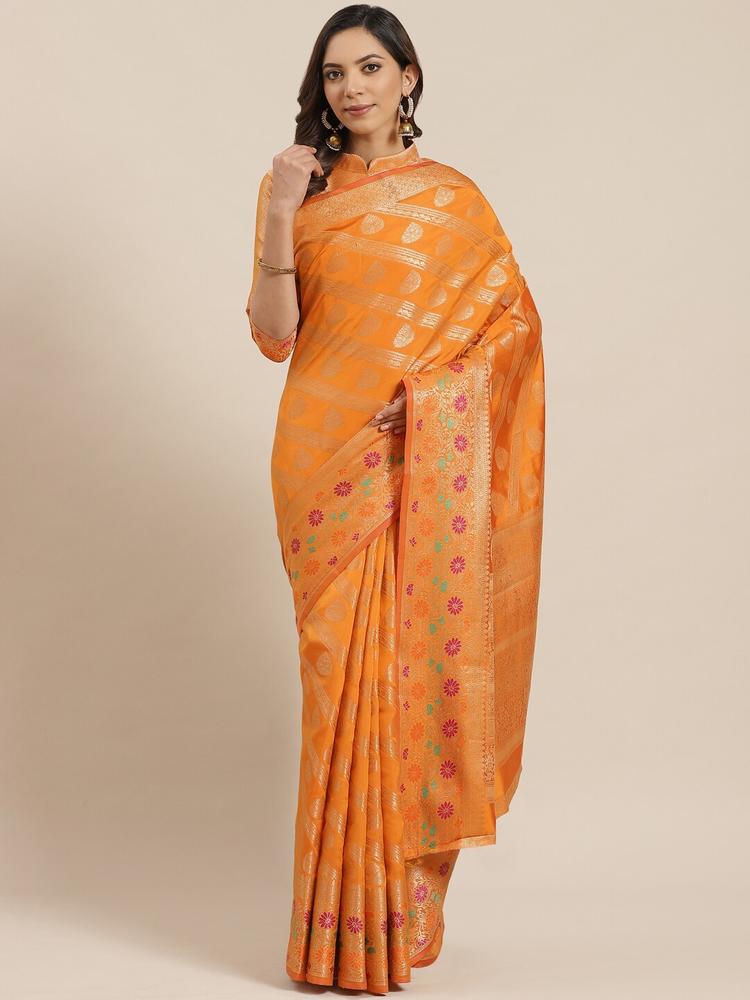 Blissta Orange & Golden Zari Woven Design Banarasi Saree