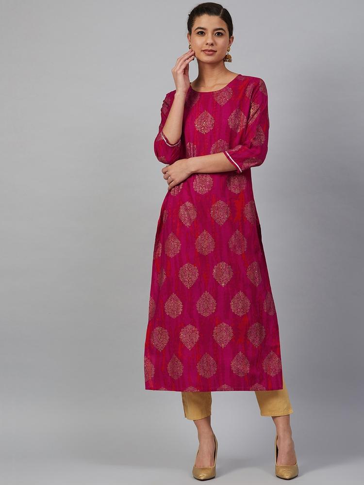 Meeranshi Women Pink & Golden Printed Straight Dyed Kurta