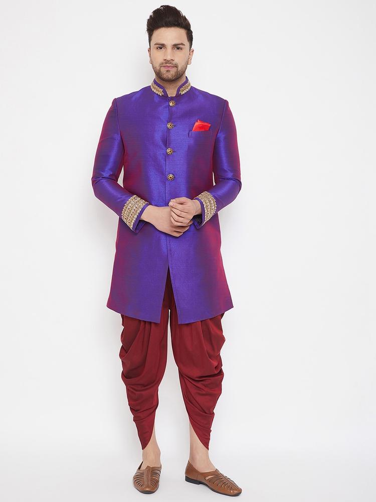 VASTRAMAY Men Purple & Red Solid Embellished Detail Sherwani With Dhoti Pants