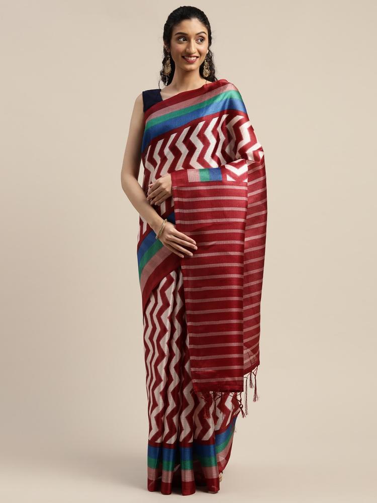 Rajnandini Maroon & Beige Silk Cotton Striped Saree