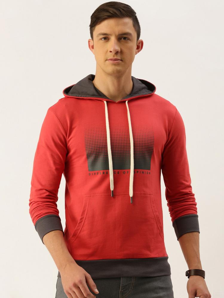 Difference of Opinion Men Red Printed Hooded Sweatshirt