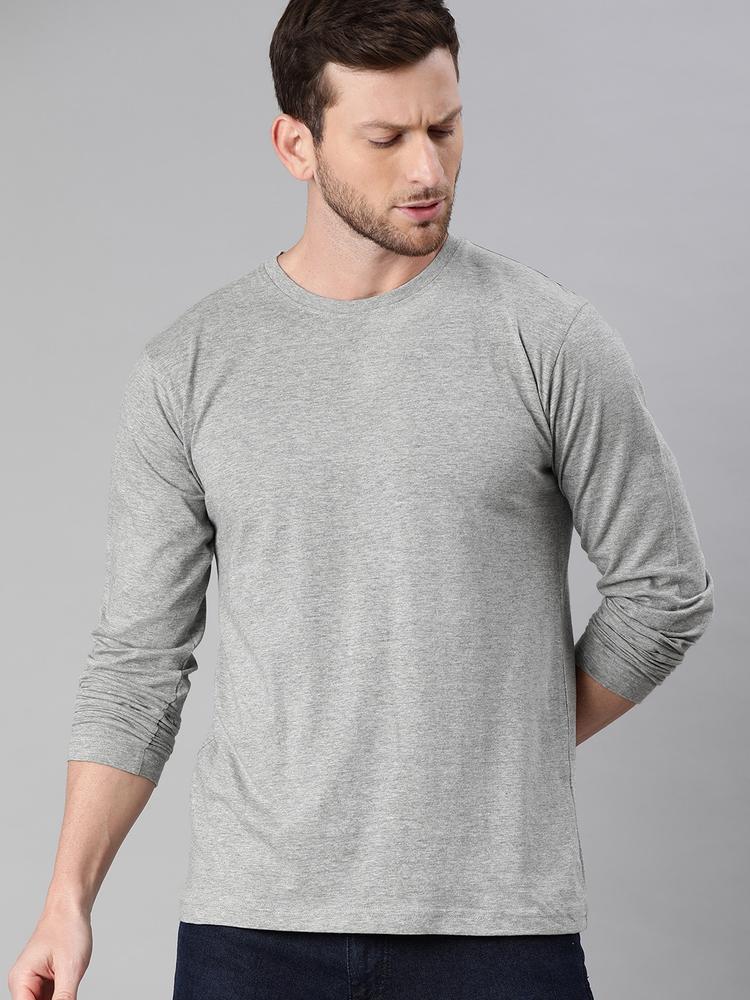 BE AWARA Men Grey Melange Solid Round Neck Pure Cotton T-shirt