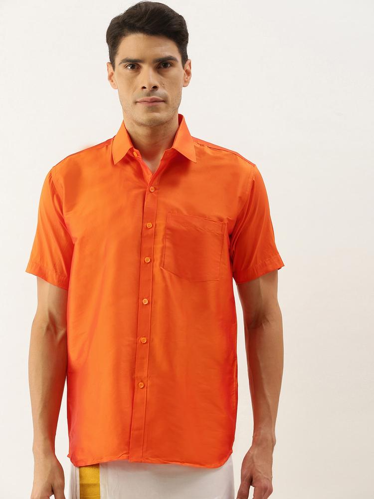 THANGAMAGAN Men Orange Solid Ethnic Shirt