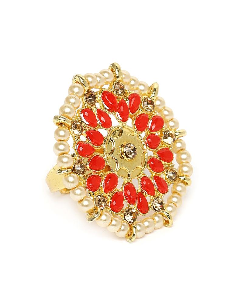 Kord Store Red Gold-Plated Kundan Studded Circular Adjustable Finger Ring