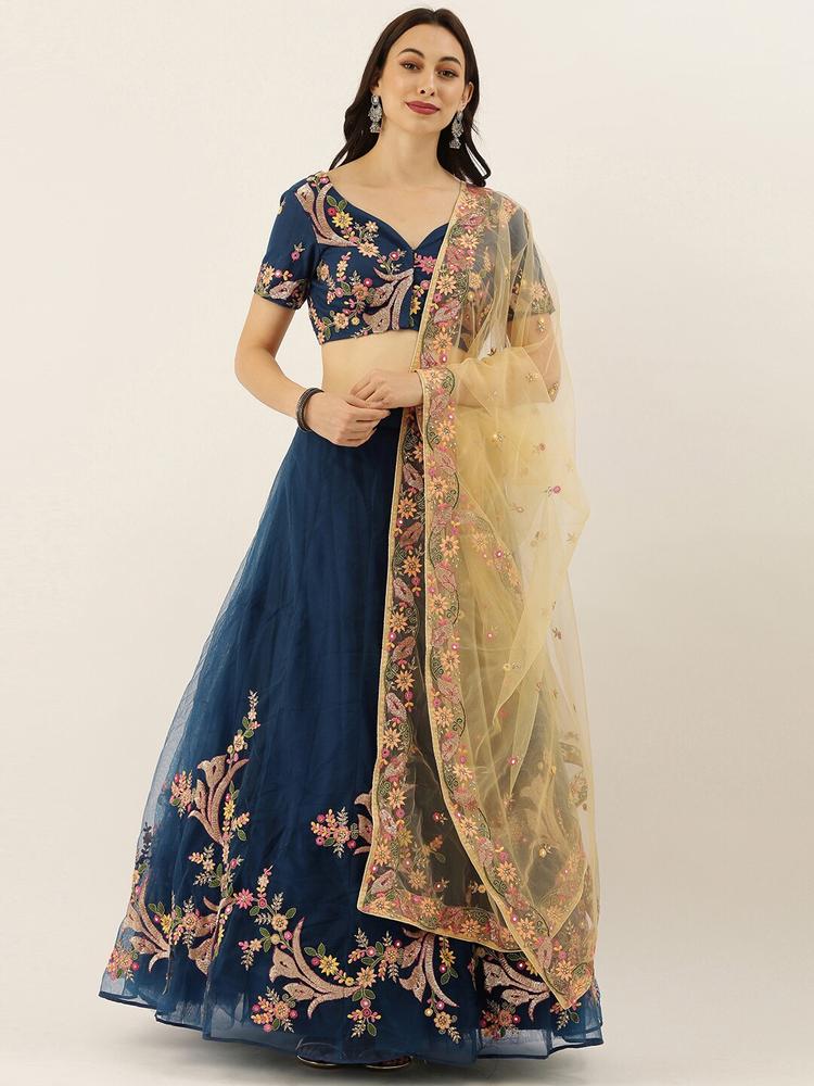 panchhi Navy Blue & Cream-Coloured Embroidered Semi-Stitched Lehenga & Unstitched Blouse with Dupatta