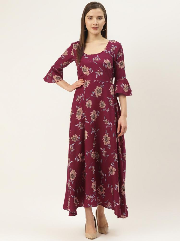 Deewa Women Burgundy & Beige Floral Print Maxi Dress