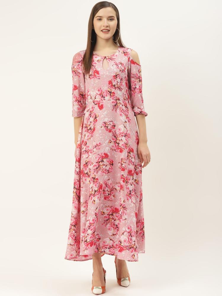 Deewa Women Mauve & Pink Floral Printed Cold-Shoulder Maxi Dress