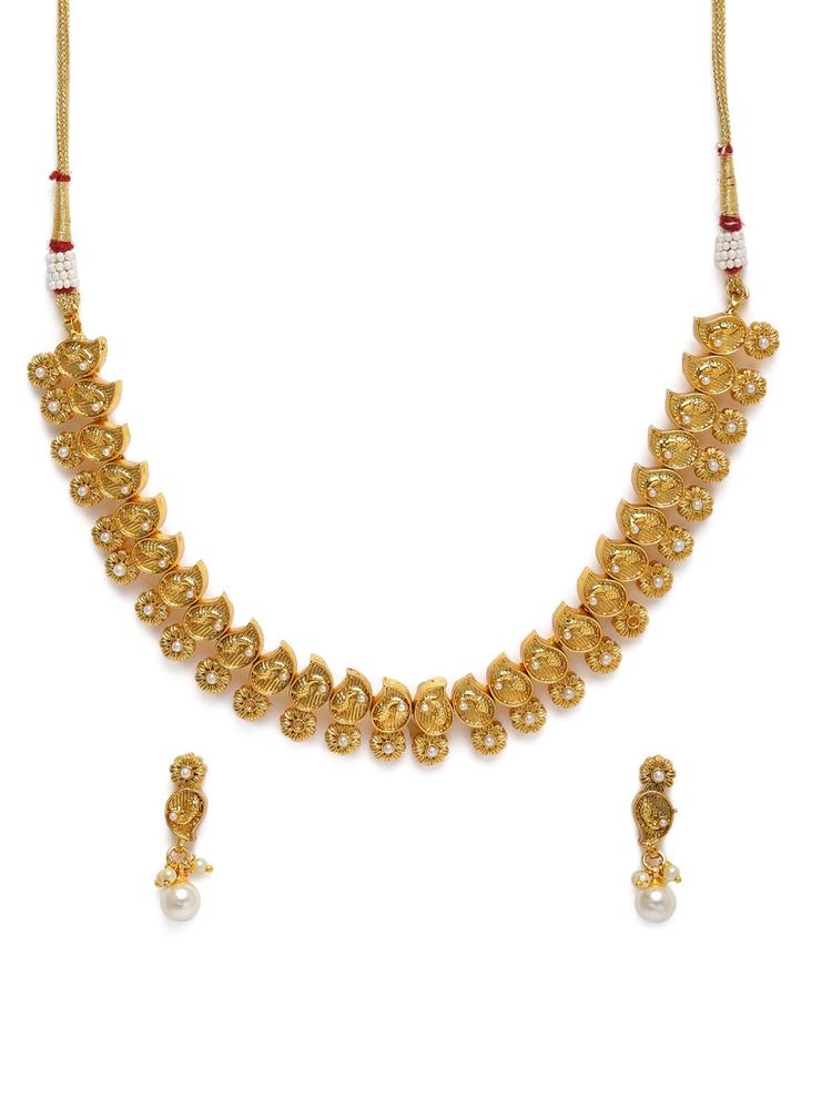 Kord Store Gold Plated Pearl Studded Floral Jewellery Set