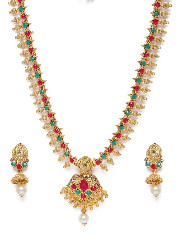 Kord Store Green & Pink Gold-Plated Stone Studded Jewellery Set
