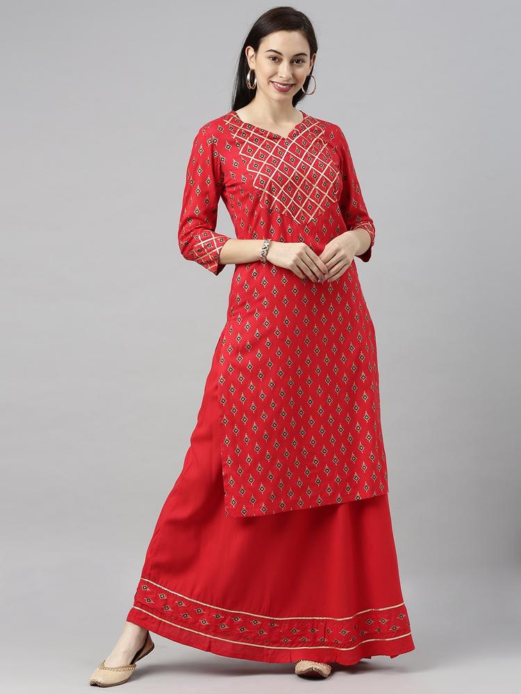 Blissta Women Red & Gold-Toned Printed Kurta with Skirt