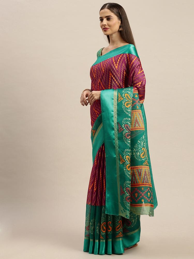 Rajnandini Purple & Green Silk Cotton Printed Kota Saree