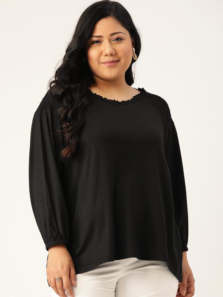 Rute Women Plus Size Black Solid Smocked Pure Cotton Top