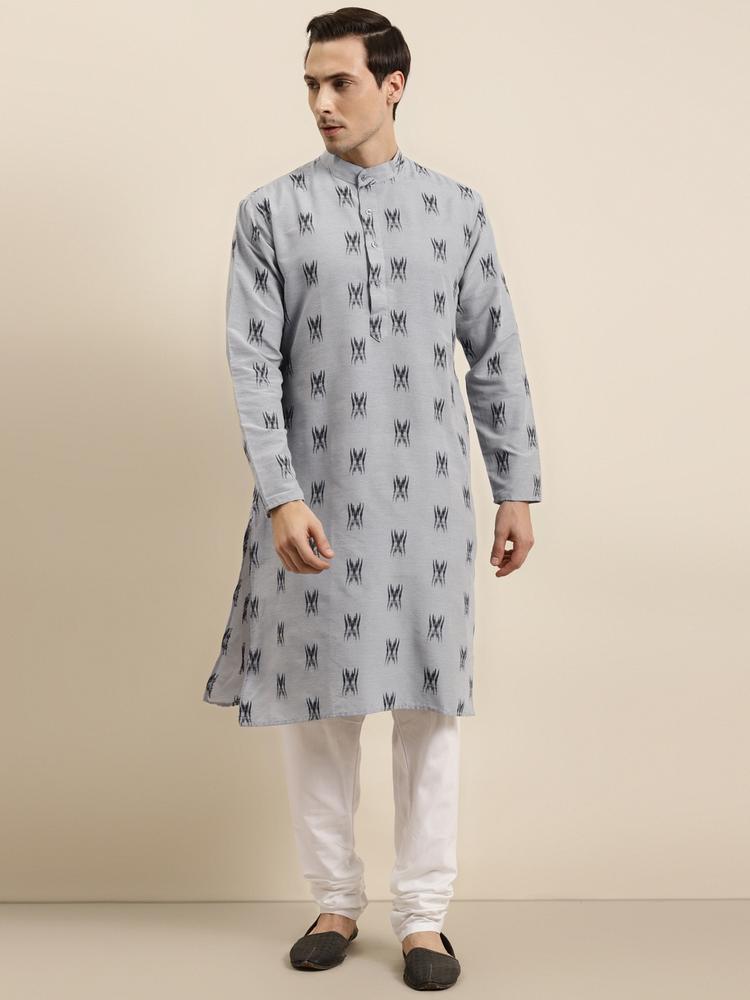 Sojanya Men Grey & Black Ikat Woven Design Pure Cotton Kurta