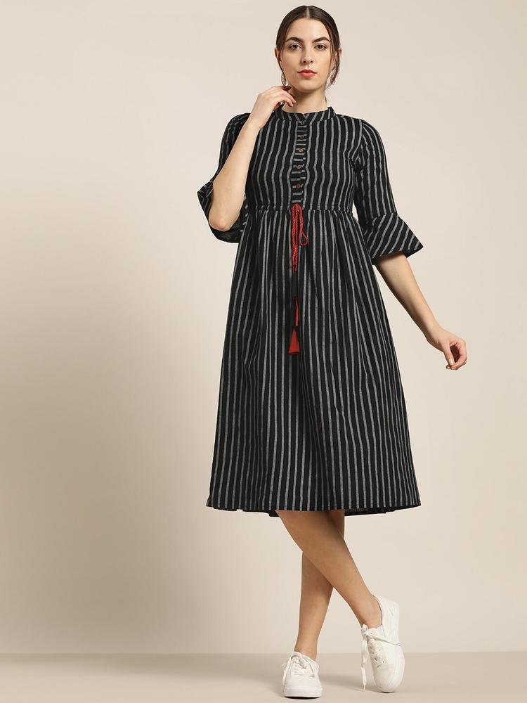Shae by SASSAFRAS Women Black Striped A-Line Midi Dress