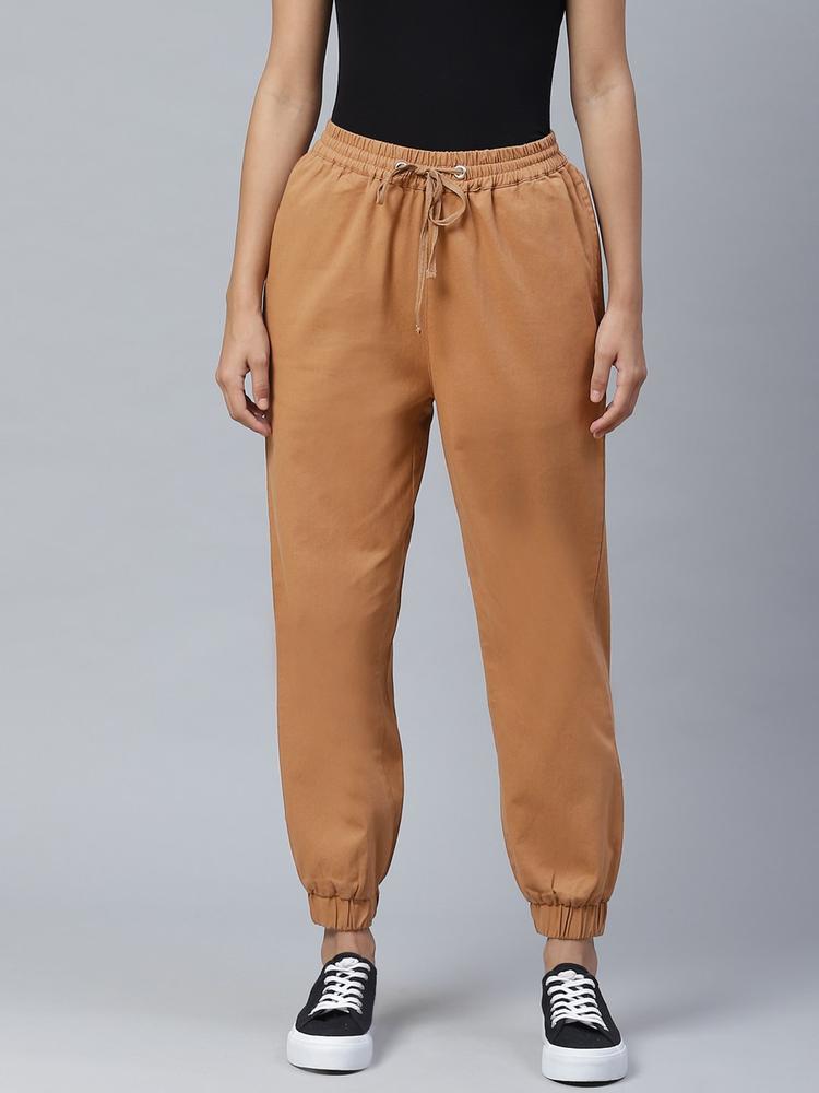 plusS Women Brown Straight Fit Solid Joggers