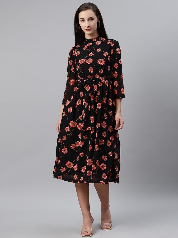 plusS Women Black & Red Floral Print Fit & Flare Dress