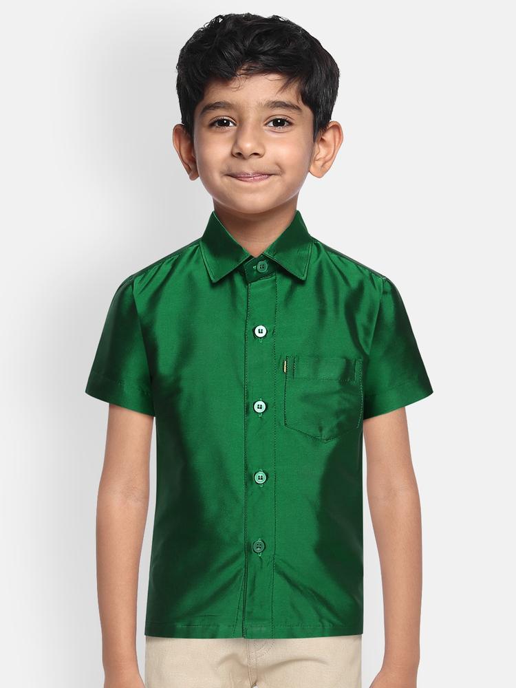 THANGAMAGAN Boys Green Regular Fit Solid Ethnic Silk Shirt