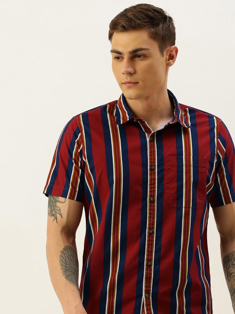 SINGLE Men Red & Navy Blue Slim Fit Striped Casual Shirt