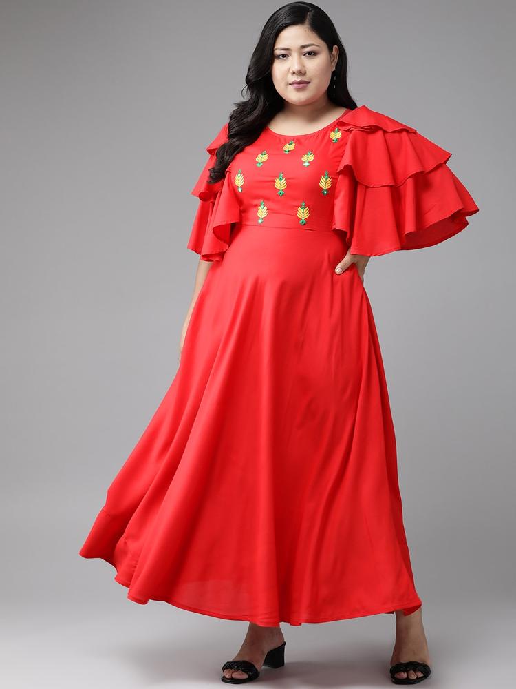 YASH GALLERY Plus Size Red Ethnic Motifs Embroidered Flutter Sleeves Maxi Dress