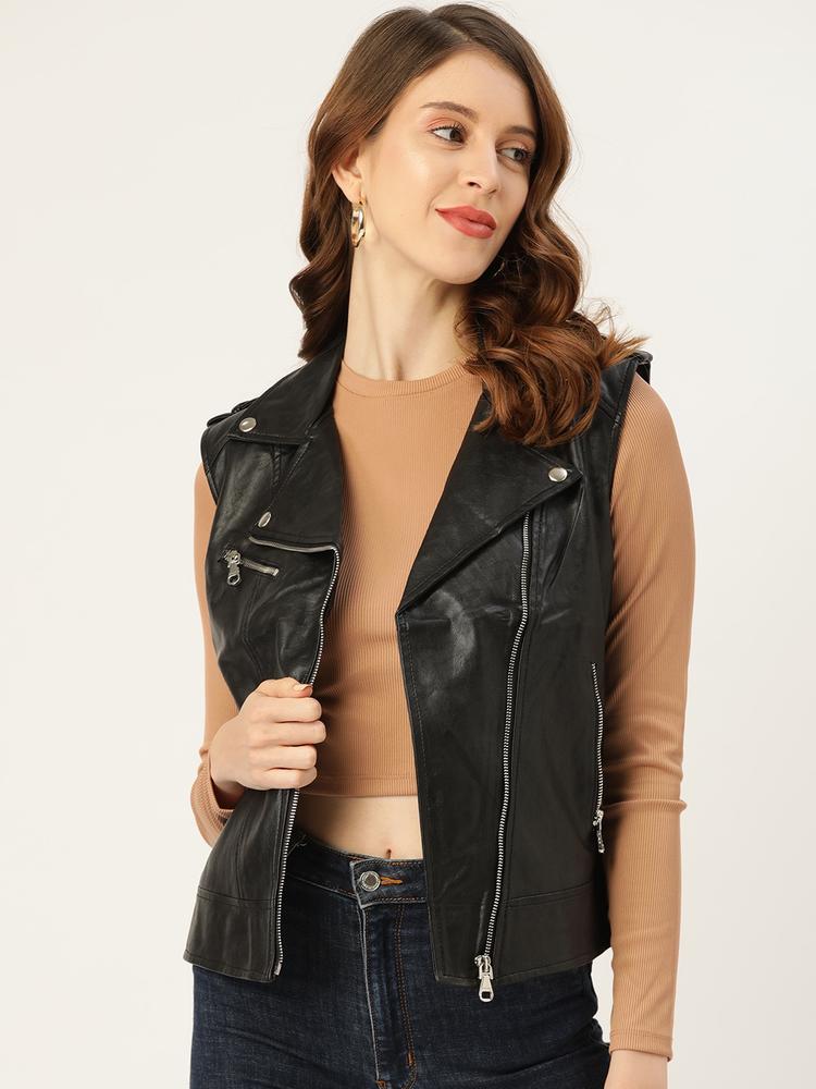Leather Retail Women Black Solid Asymmetric Closure Leather Jacket