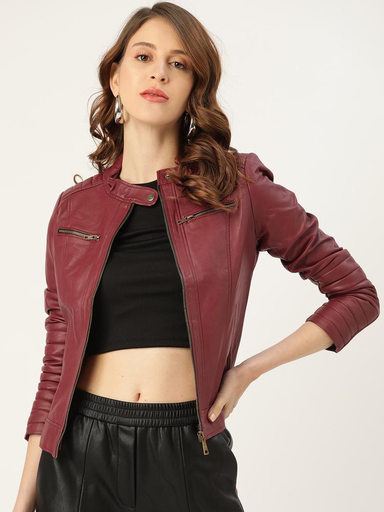 Leather Retail Women Maroon Solid Lightweight Leather Jacket