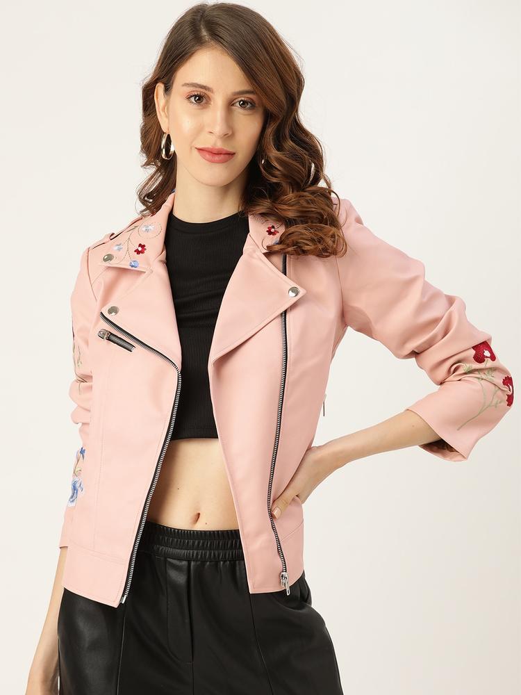 Leather Retail Women Pink Solid Biker Jacket With Embroidery