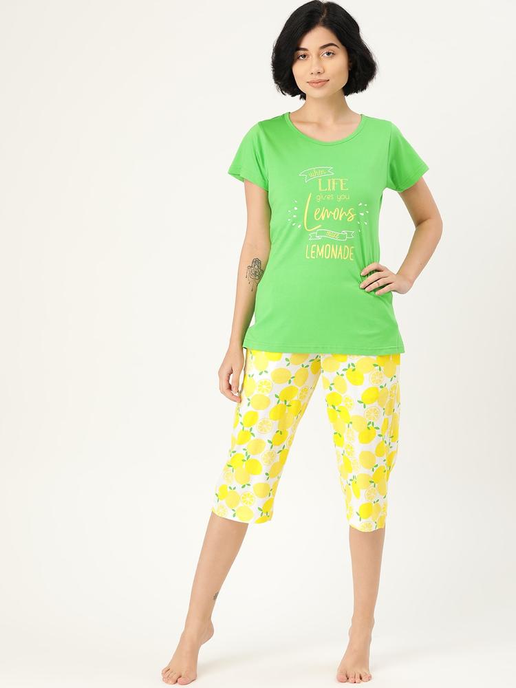 Clt.s Women Green & Yellow Pure Cotton Printed Night suit