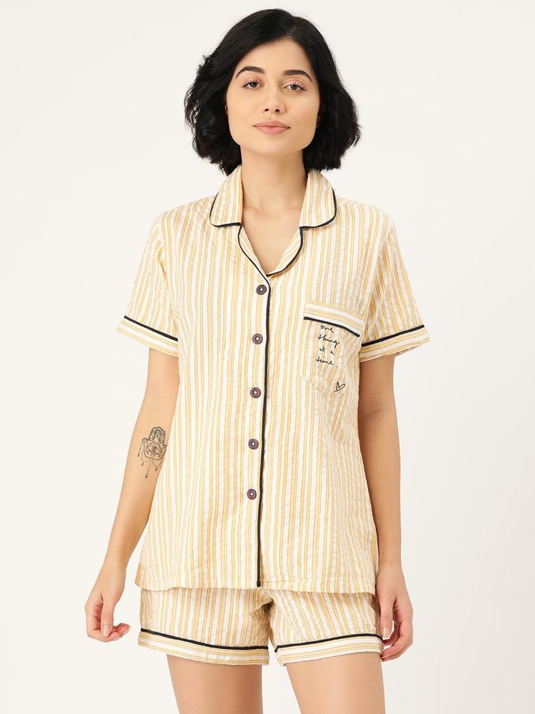 Clt.s Women Yellow & Off White Striped Night suit