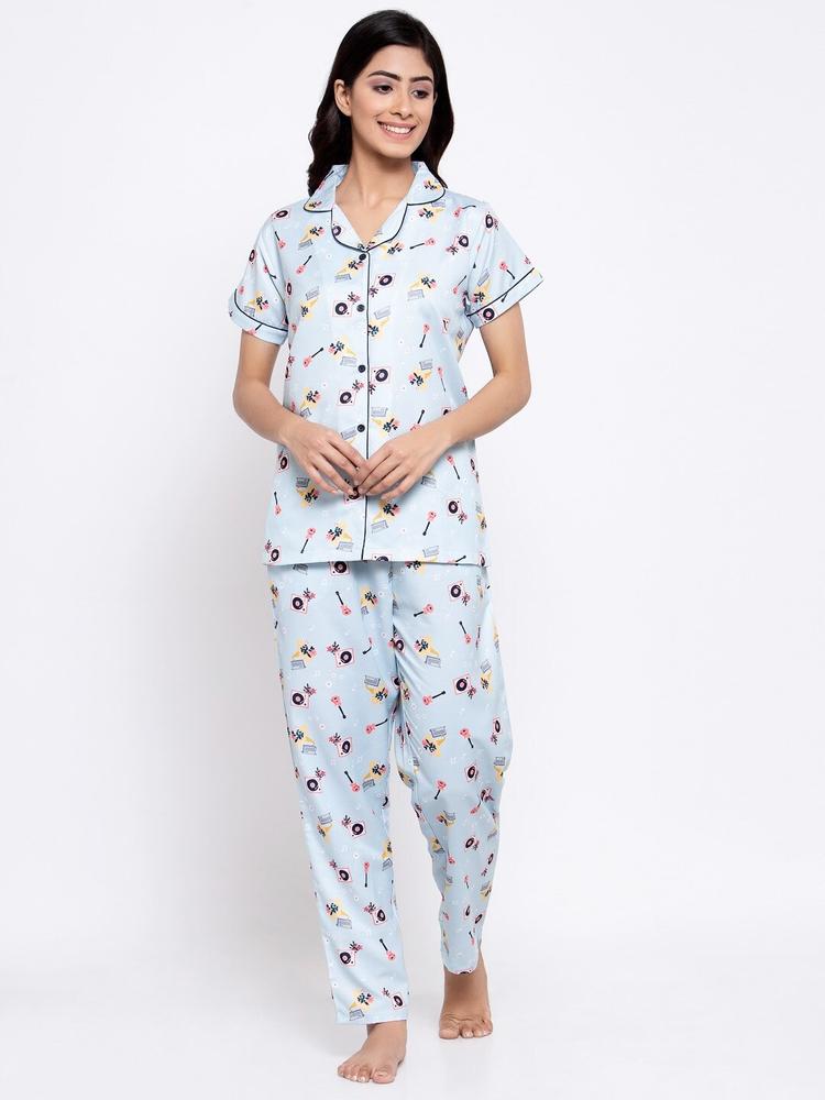 MAXENCE Women Blue & Yellow Printed Night suit