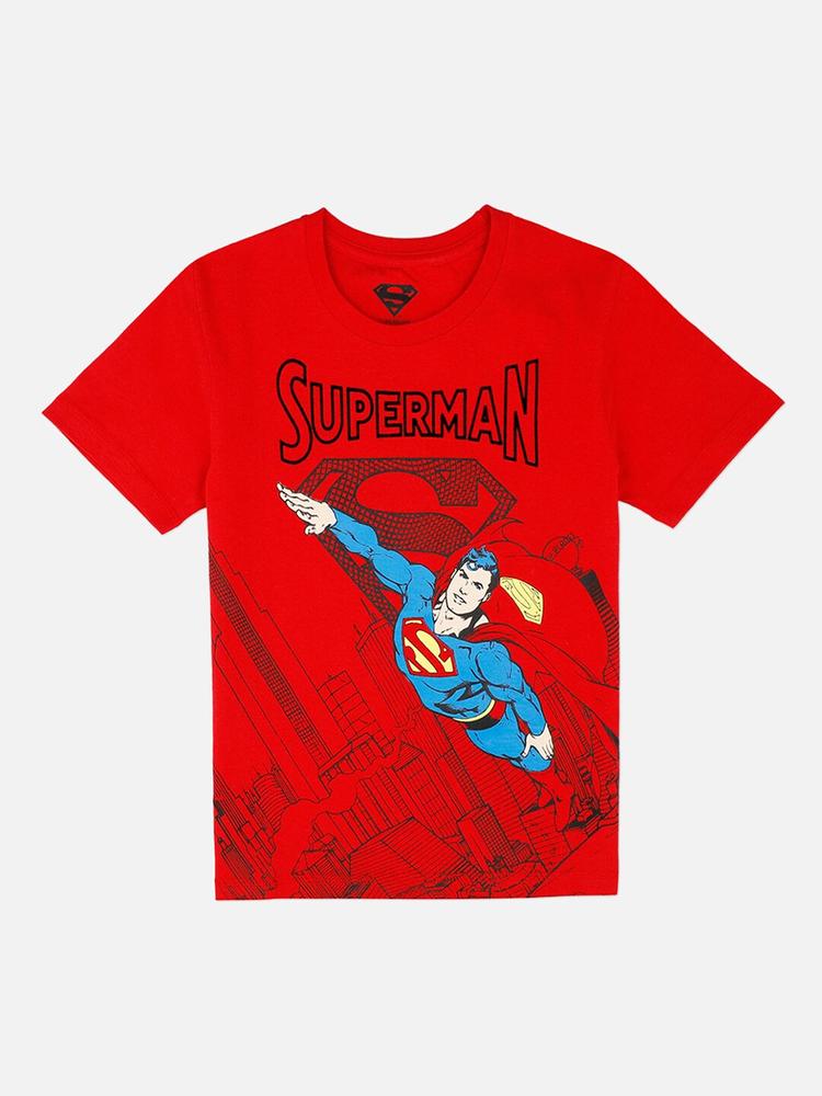 Kids Ville Boys Red Superman Printed Round Neck Cotton T-shirt