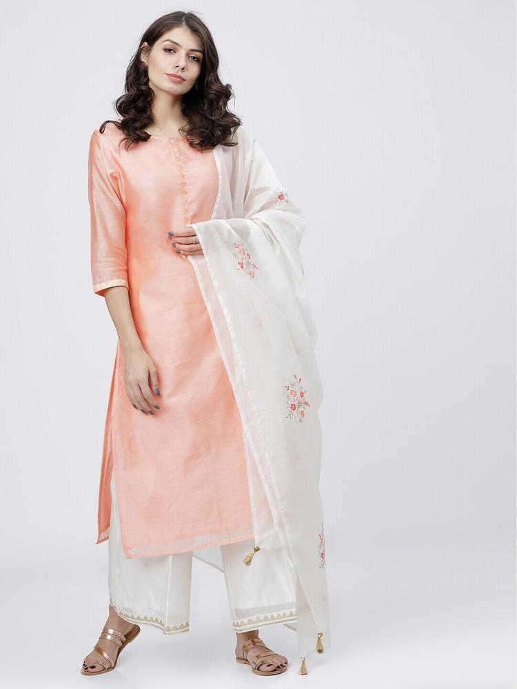Vishudh Off-White & Pink Embroidered Dupatta