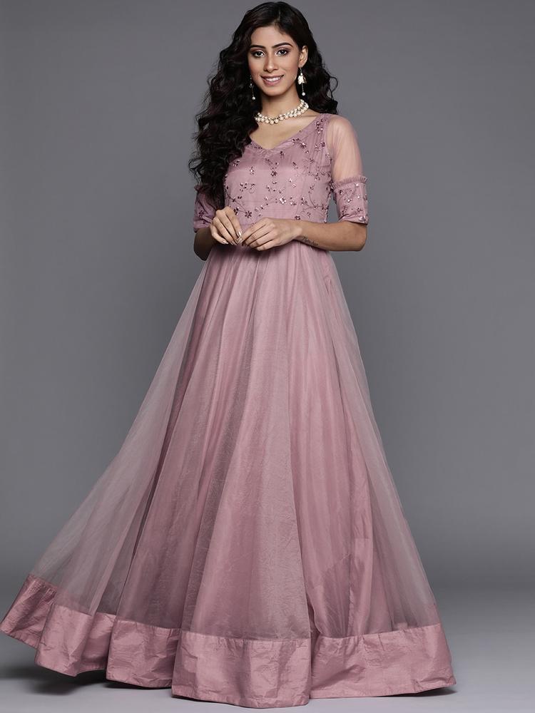 Inddus Mauve Ethnic Motifs Sequins Embroidered Sheer Gown