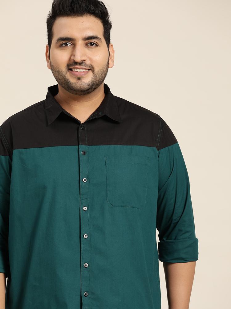 Sztori Men Plus Size Teal Green & Black Colourblocked Casual Shirt