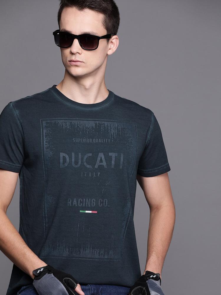 Ducati Men Navy Blue  Pure Cotton Brand Logo Printed Pure Cotton T-shirt