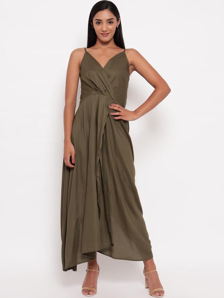 Aawari Olive Green Solid Maxi Dress