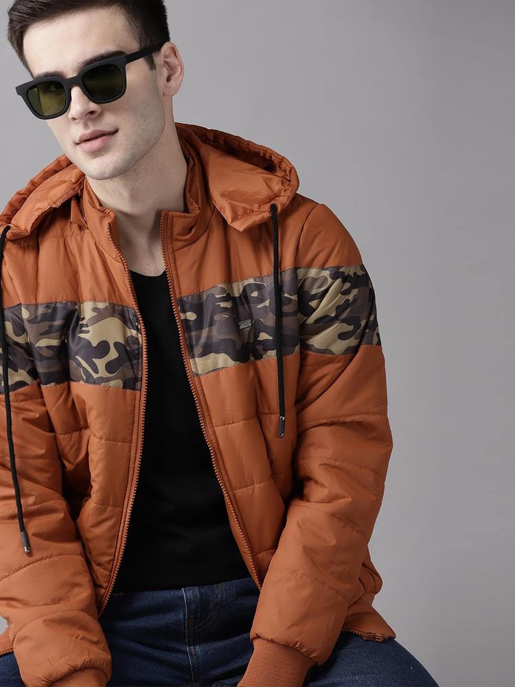 Roadster Men Rust Orange & Olive Green Camouflage Print Detachable Hood Padded Jacket