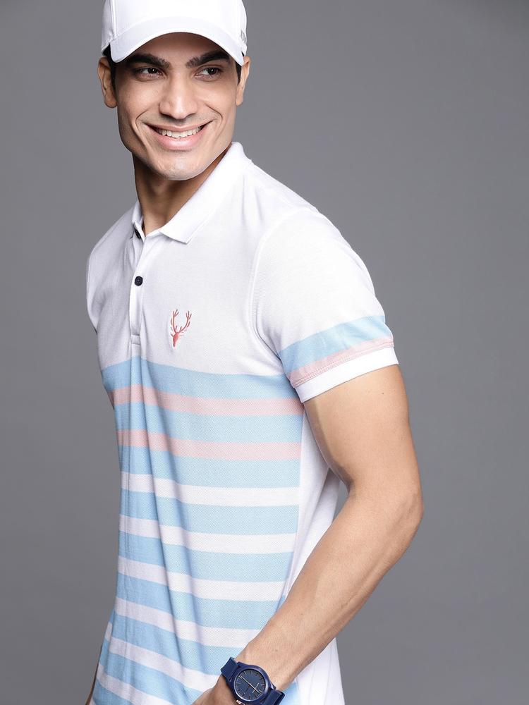 Allen Solly Sport Men White & Blue Striped Polo Collar T-shirt