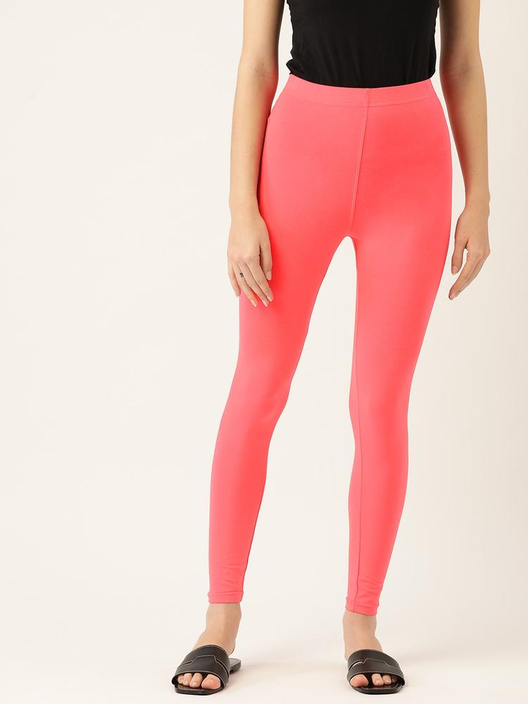 Leading Lady Women Coral Pink Solid Ankle Length Leggings
