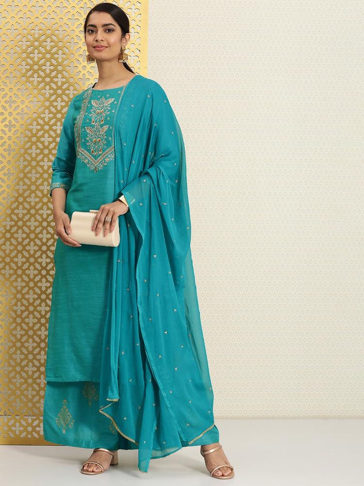 House of Pataudi Women Blue Embroidered Regular Jashn Kurta Sets