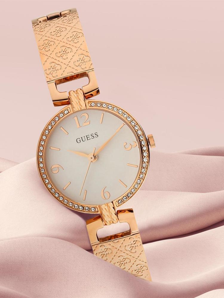 GUESS Women Rose Gold-Toned Embellished Dial & Stainless Steel Watch GW0112L3