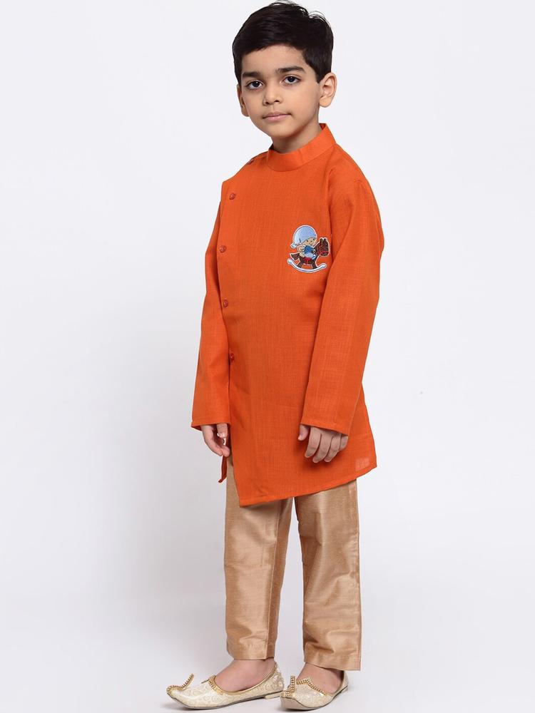 MAXENCE Boys Orange Solid Linen Kurta with Pyjamas