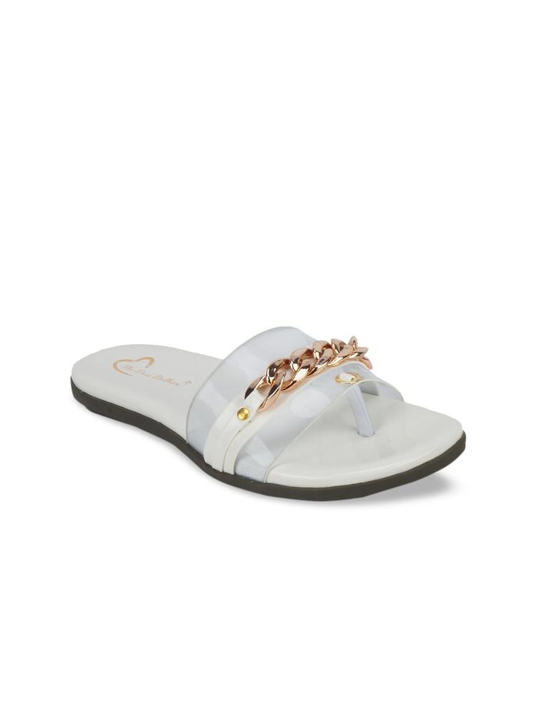 The Desi Dulhan Women White and Gold Transparent Embellished Open Toe Flats