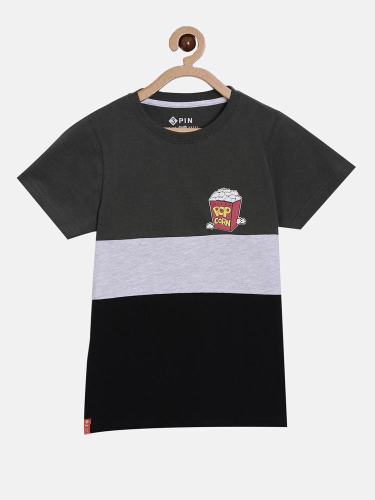 3PIN Boys Black & Grey Colourblocked T-shirt