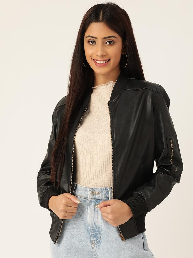 Leather Retail Women Black Solid Lightweight Biker Jacket